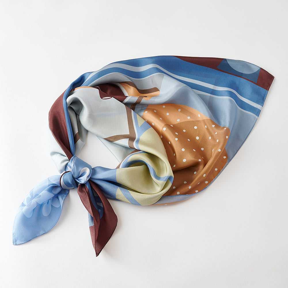 Japanese Printed Silk 'Morning Coffee' baby blue 大判スカーフ 90x90cm