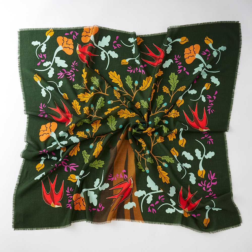 Japanese Merino Wool 'Acorn Tree' dark green 正方形スカーフ