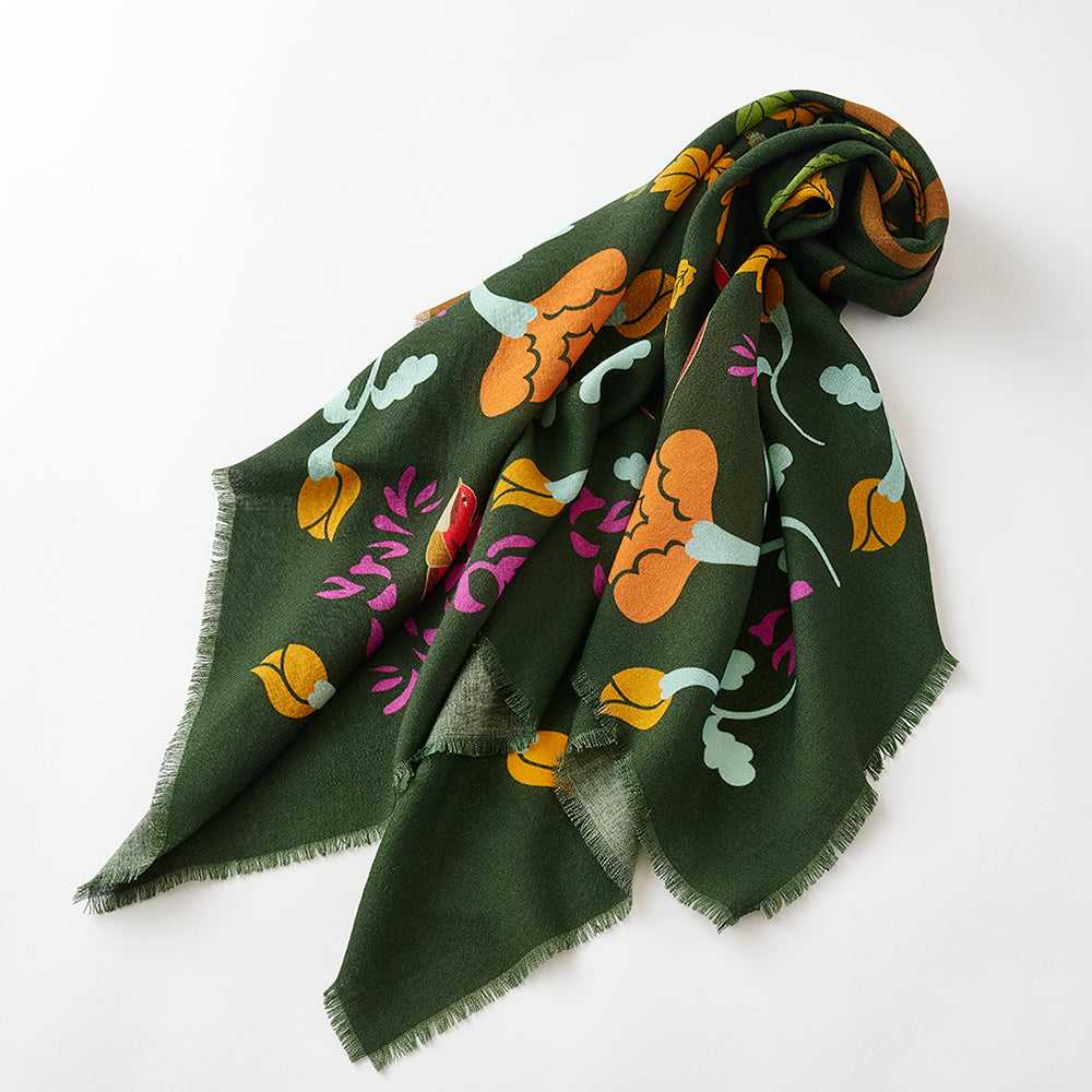 Japanese Merino Wool 'Acorn Tree' dark green 正方形スカーフ