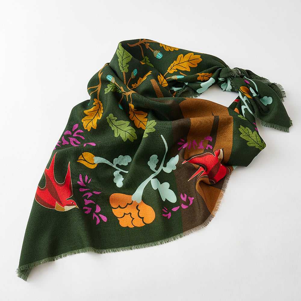 Japanese Merino Wool 'Acorn Tree' dark green 正方形スカーフ