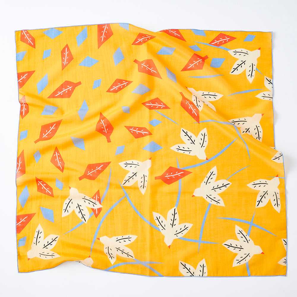 5月再入荷予定!Japanese Printed Silk Cotton 'Flight Path' ylw スカーフリング付きミニスカーフ