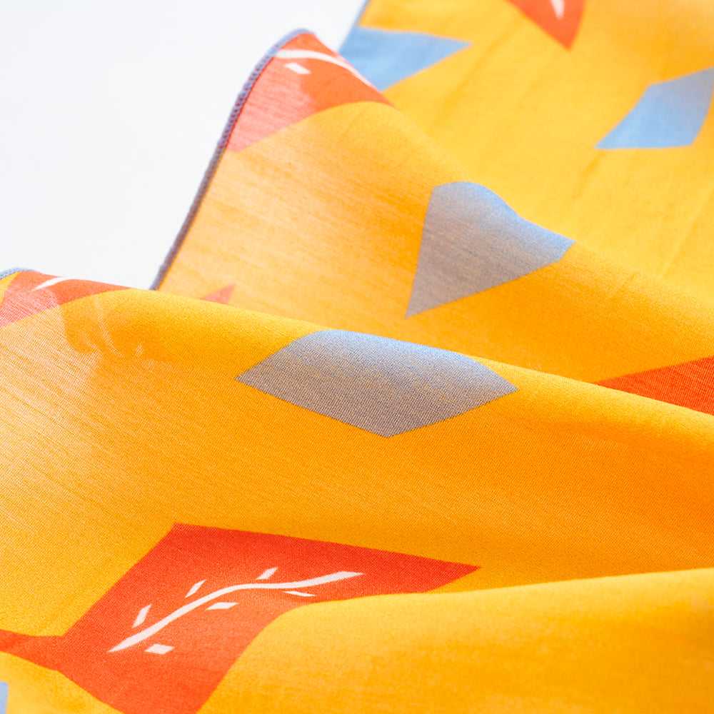 5月再入荷予定!Japanese Printed Silk Cotton 'Flight Path' ylw スカーフリング付きミニスカーフ