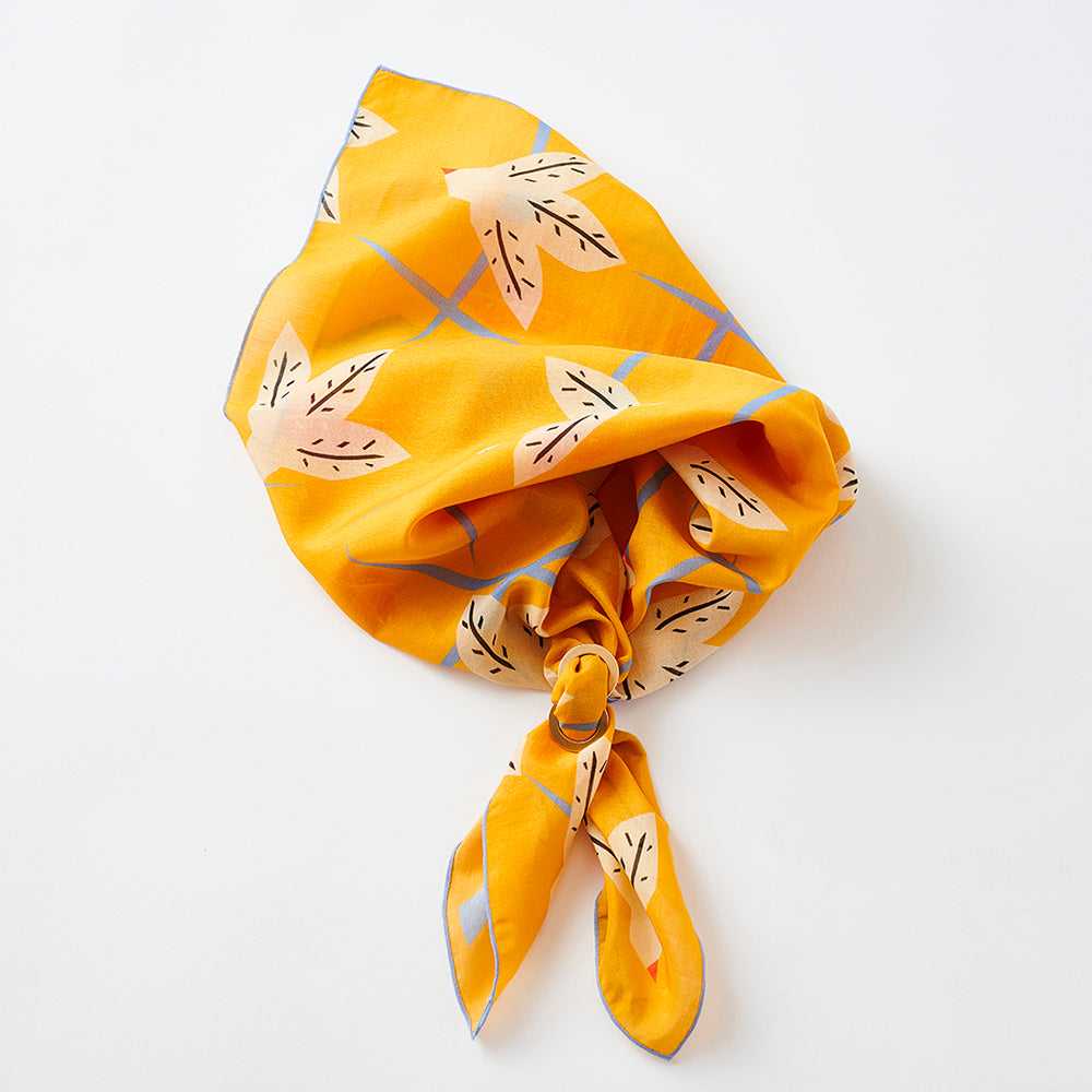 5月再入荷予定!Japanese Printed Silk Cotton 'Flight Path' ylw スカーフリング付きミニスカーフ