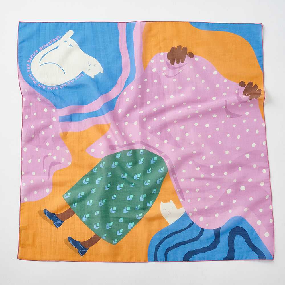 Japanese Printed Silk Cotton 'Luna's Nap' pastel スカーフリング付きミニスカーフ
