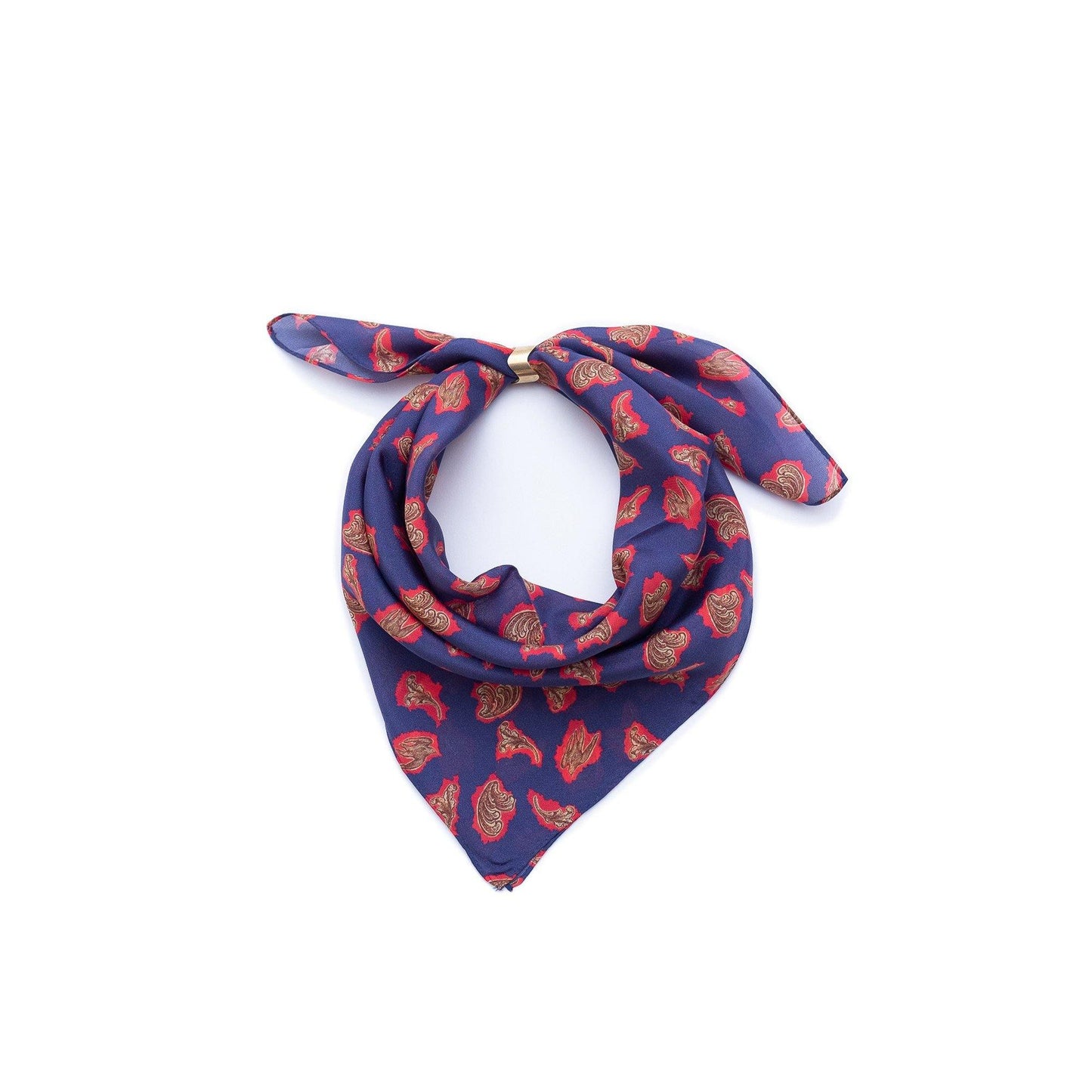 Japanese Printed Silk 'Victorian Paisley' Navy リング付きミニスカーフ