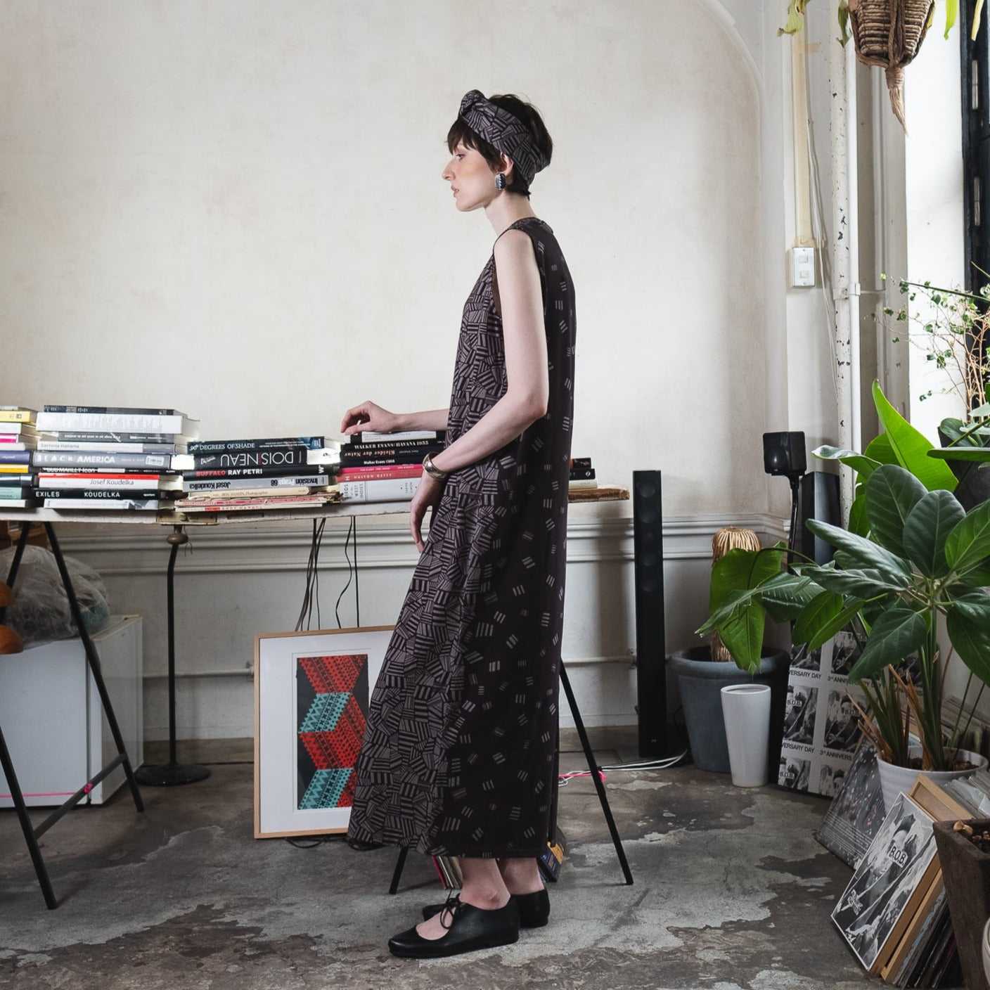 Japanese Printed Organic Cotton 'Belgravia' dark grey タンクドレス