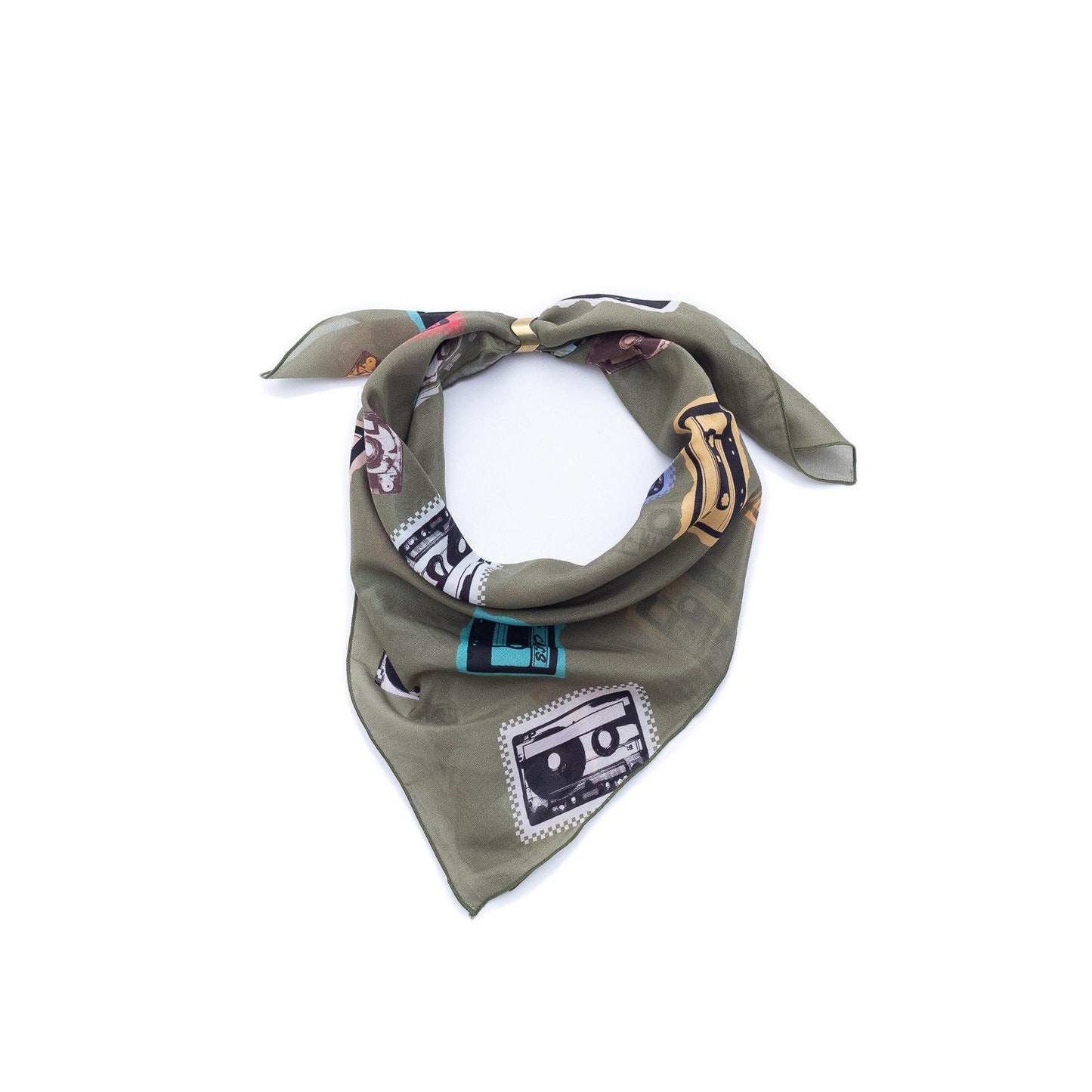 Japanese Printed Silk Cotton 'College Mixtape’ Olive リング付きミニスカーフ