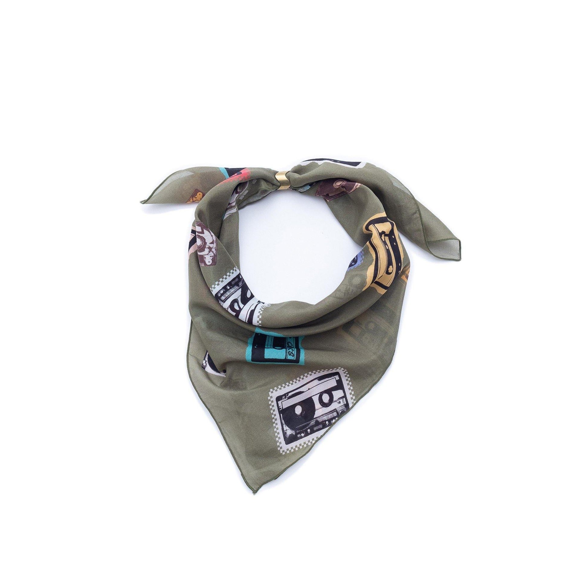 Japanese Printed Silk Cotton 'College Mixtape’ Olive リング付きミニスカーフ