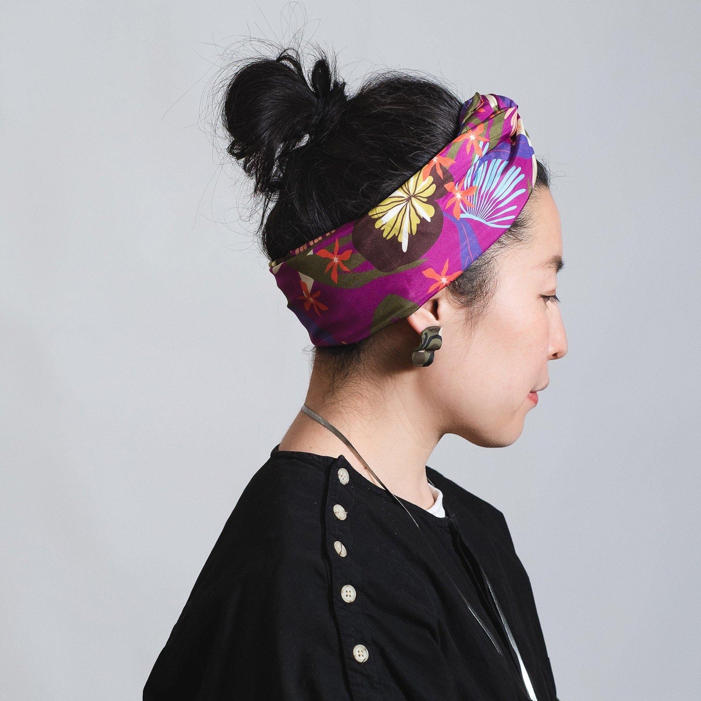 Japanese Printed Silk headband 'Tropics' purple ヘッドスカーフ