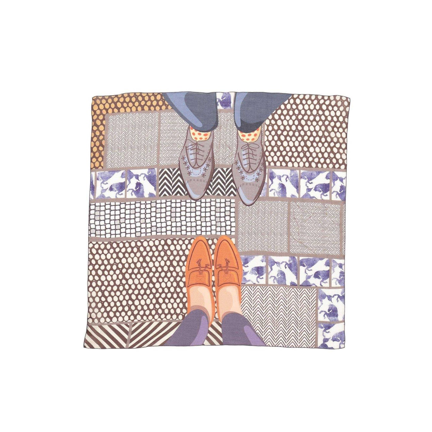 Japanese Printed Silk Cotton 'Parisian Romance' Clay grey 8リング付きミニスカーフ