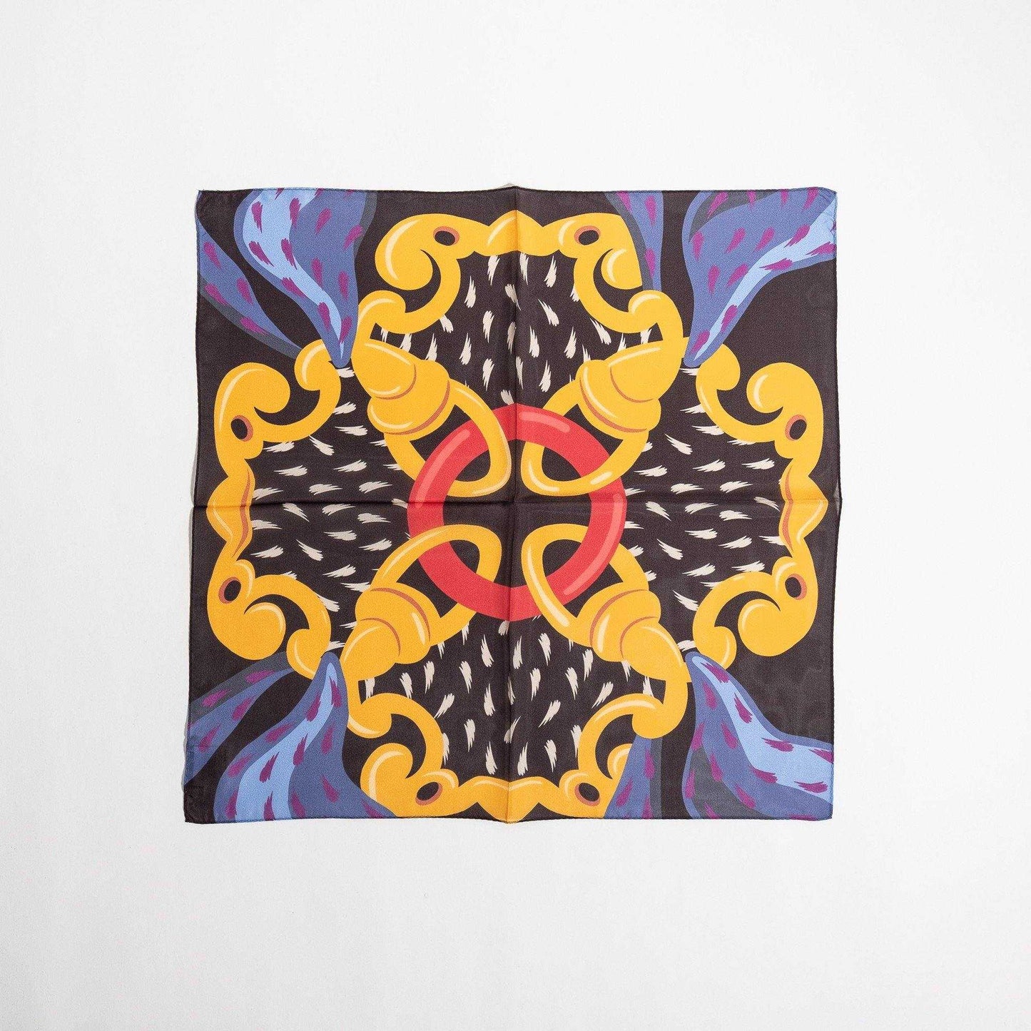 Japanese Printed Silk 'Hampton' black 8リング付きミニスカーフ