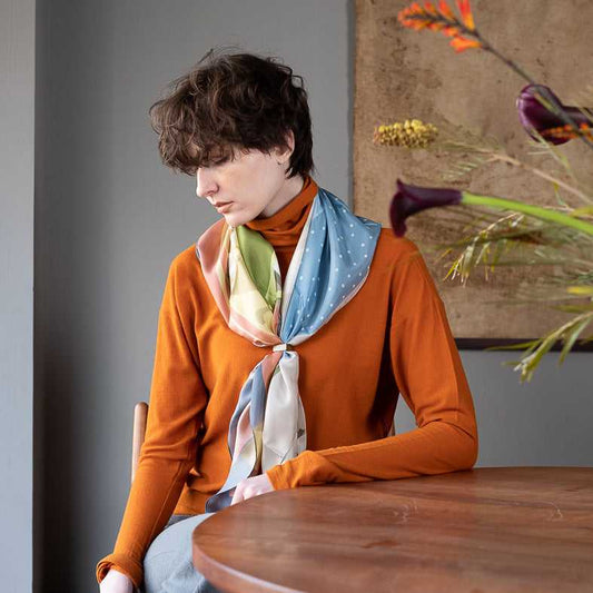 Japanese Printed Silk 'Morning Coffee' cream 大判スカーフ 90x90cm