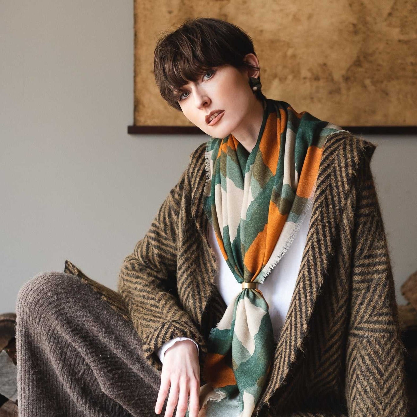Japanese Merino Wool 'Torn Tartan' orange 正方形スカーフ | YARN&COPPER