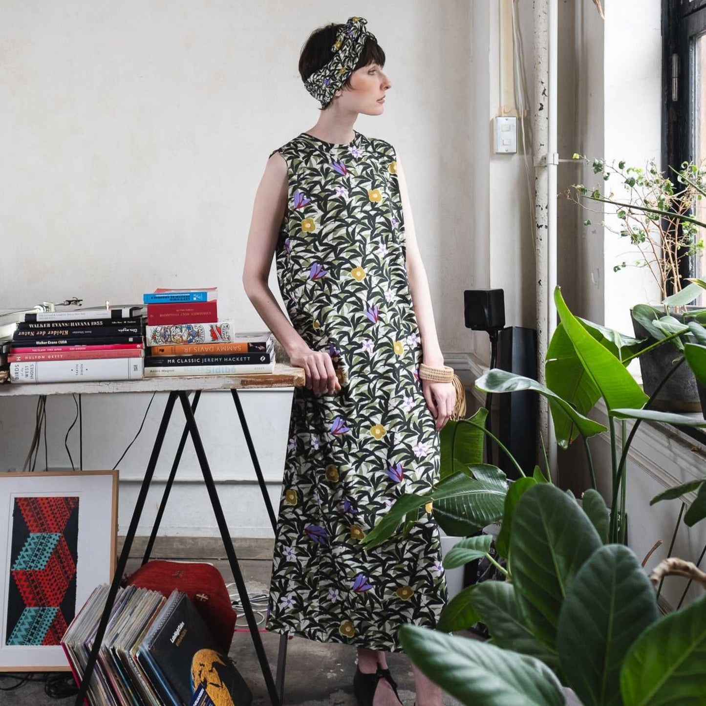 Japanese Printed Organic Cotton 'Hawaii' palm green タンクドレス