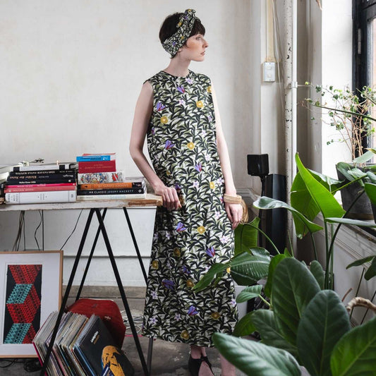 Japanese Printed Organic Cotton 'Hawaii' palm green タンクドレス