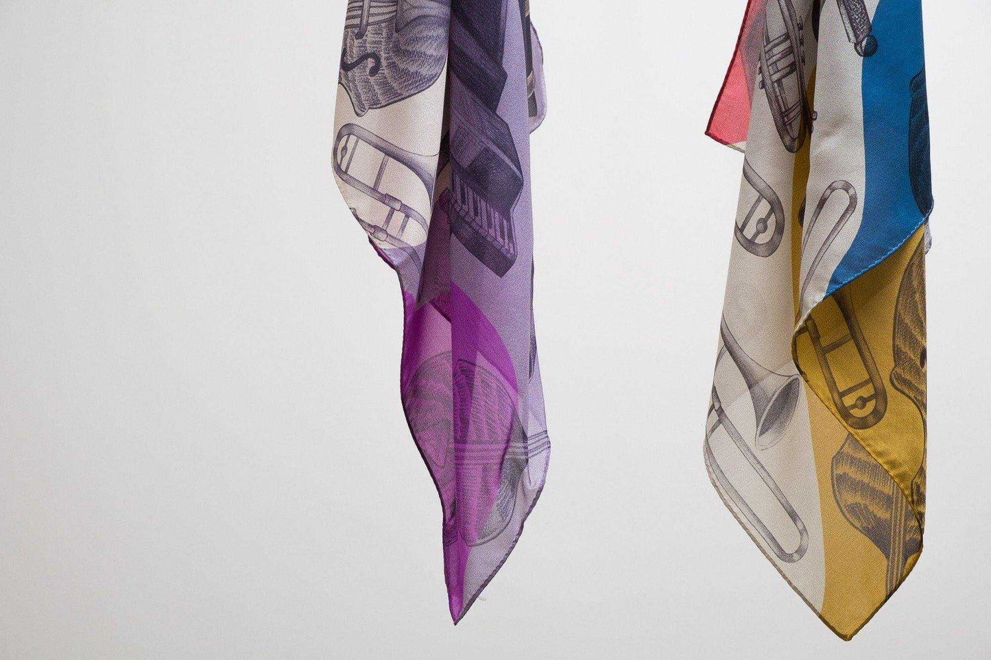 Japanese Printed Silk  'Orchestra' red&yellow&blue リング付きミニスカーフ