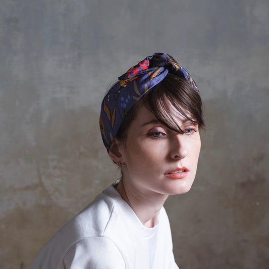Japanese Printed Silk headband 'Pearsham' navy ヘッドスカーフ