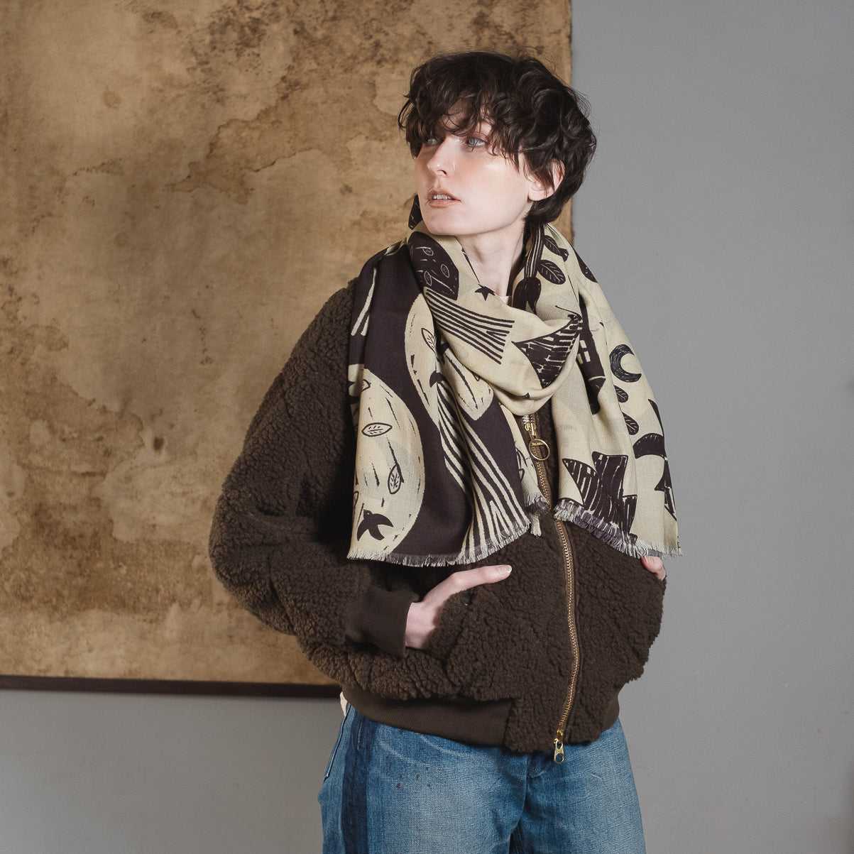 Japanese Merino Wool 'Moonrise Forest' 二重仕立てのロングストール