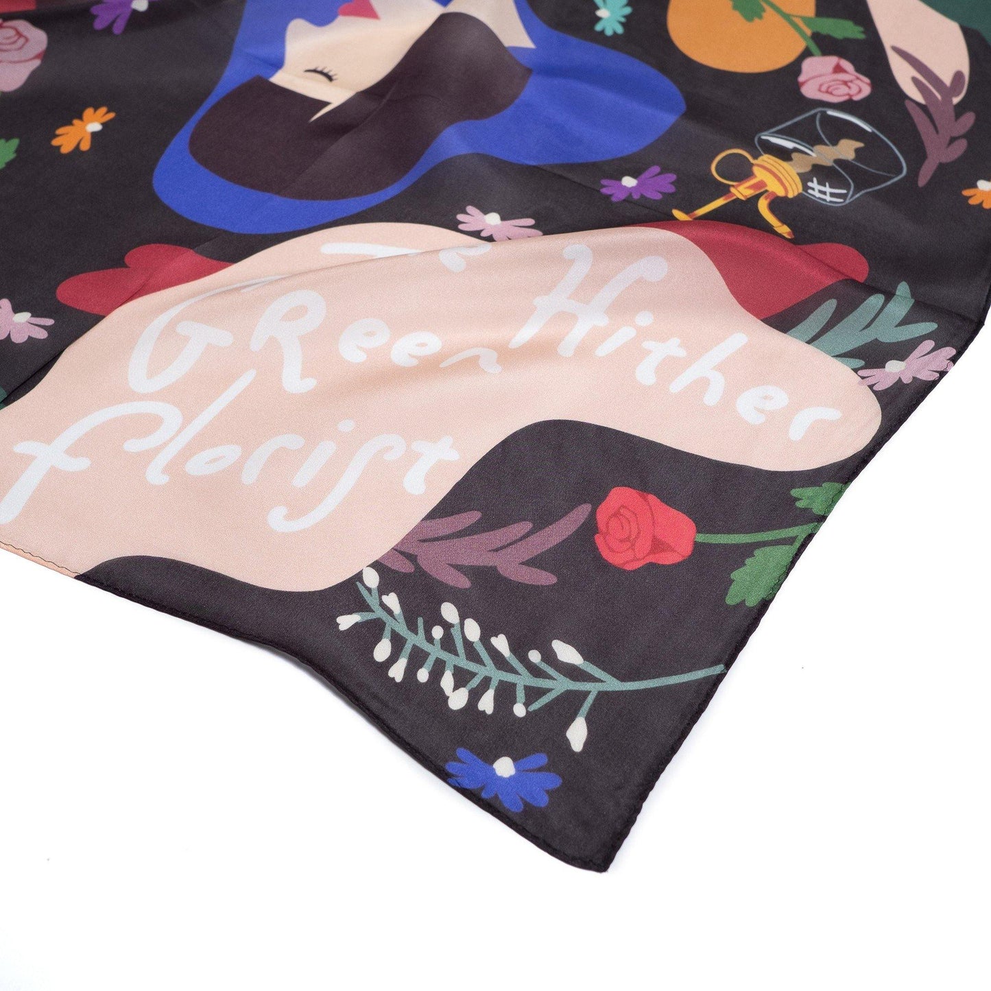 Japanese Printed Silk 'The Hither Green Florist' M.black 8リング付きミニスカーフ