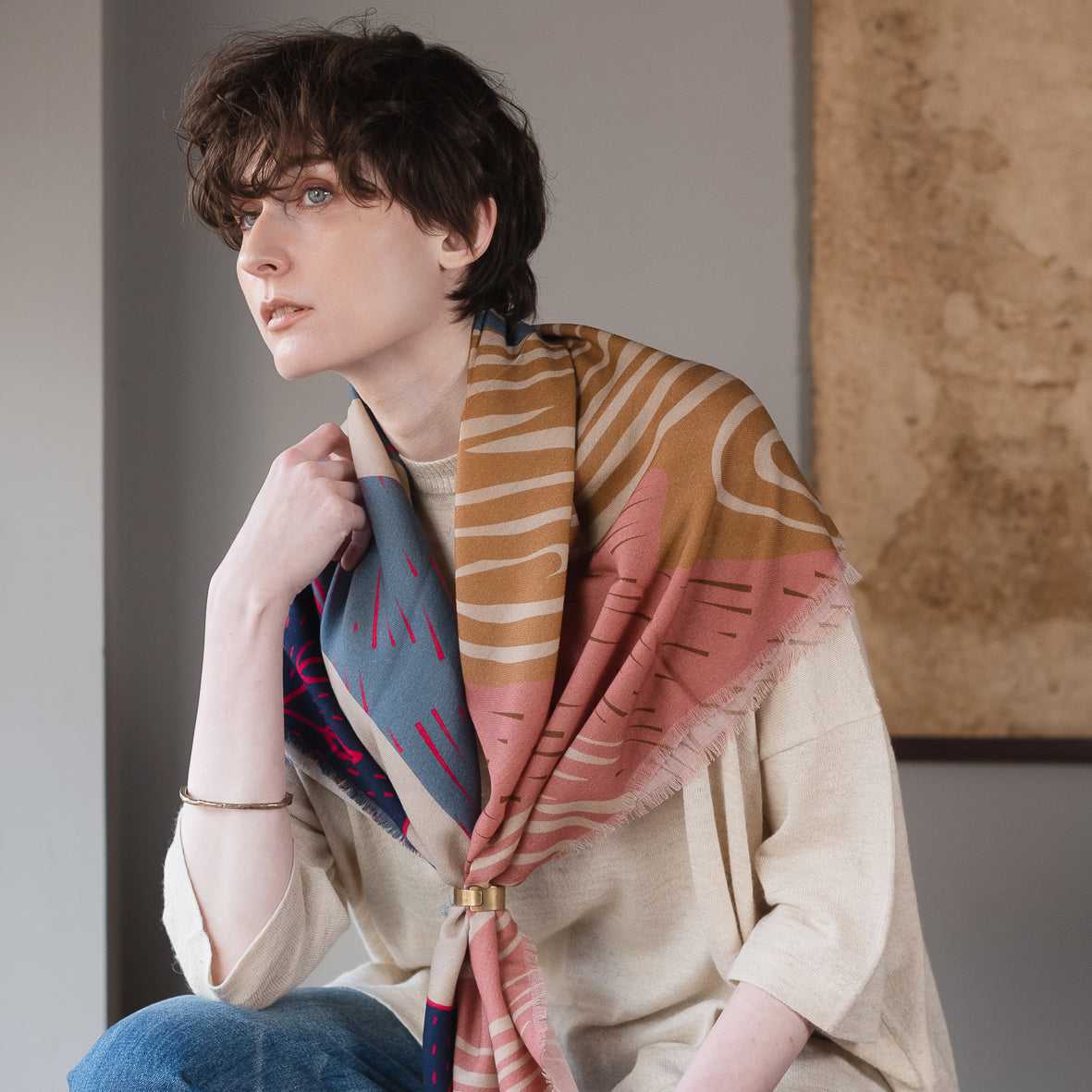 Japanese Merino Wool 'Mulberry Hills' sunset pink 正方形スカーフ