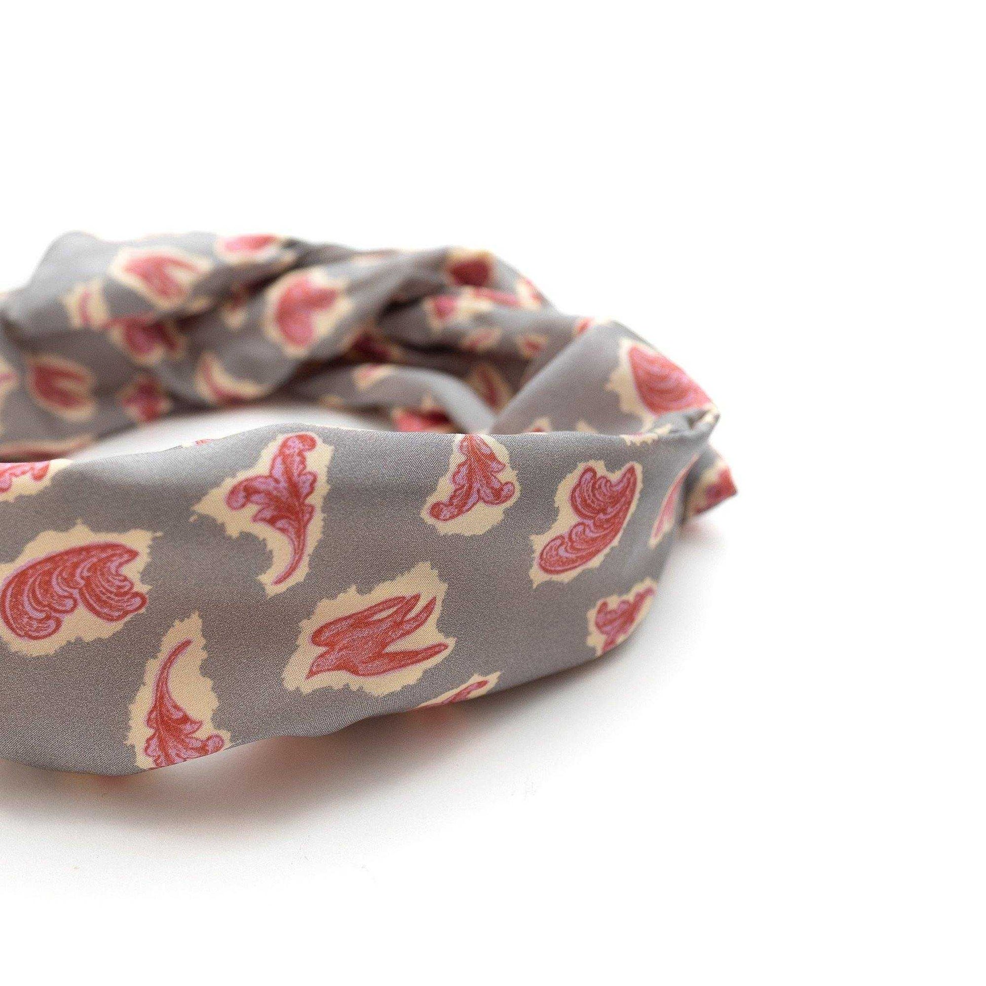 Japanese Printed Silk headband 'Victorian Paisley' stone grey ヘッドスカーフ