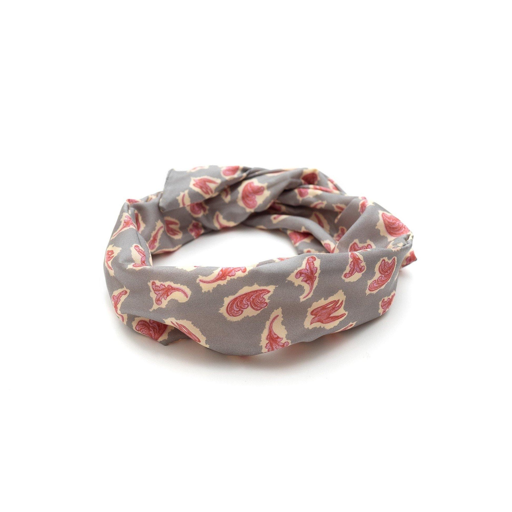 Japanese Printed Silk headband 'Victorian Paisley' stone grey ヘッドスカーフ