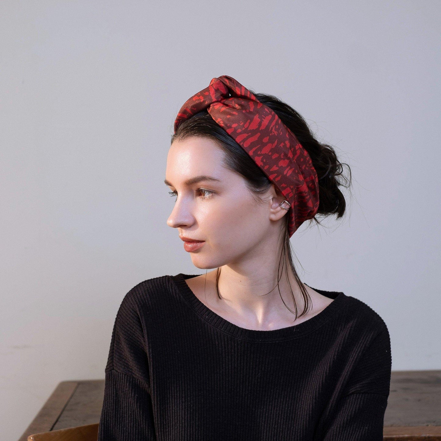 Japanese Printed Silk headband 'Unfinished' deep red ヘッドスカーフ