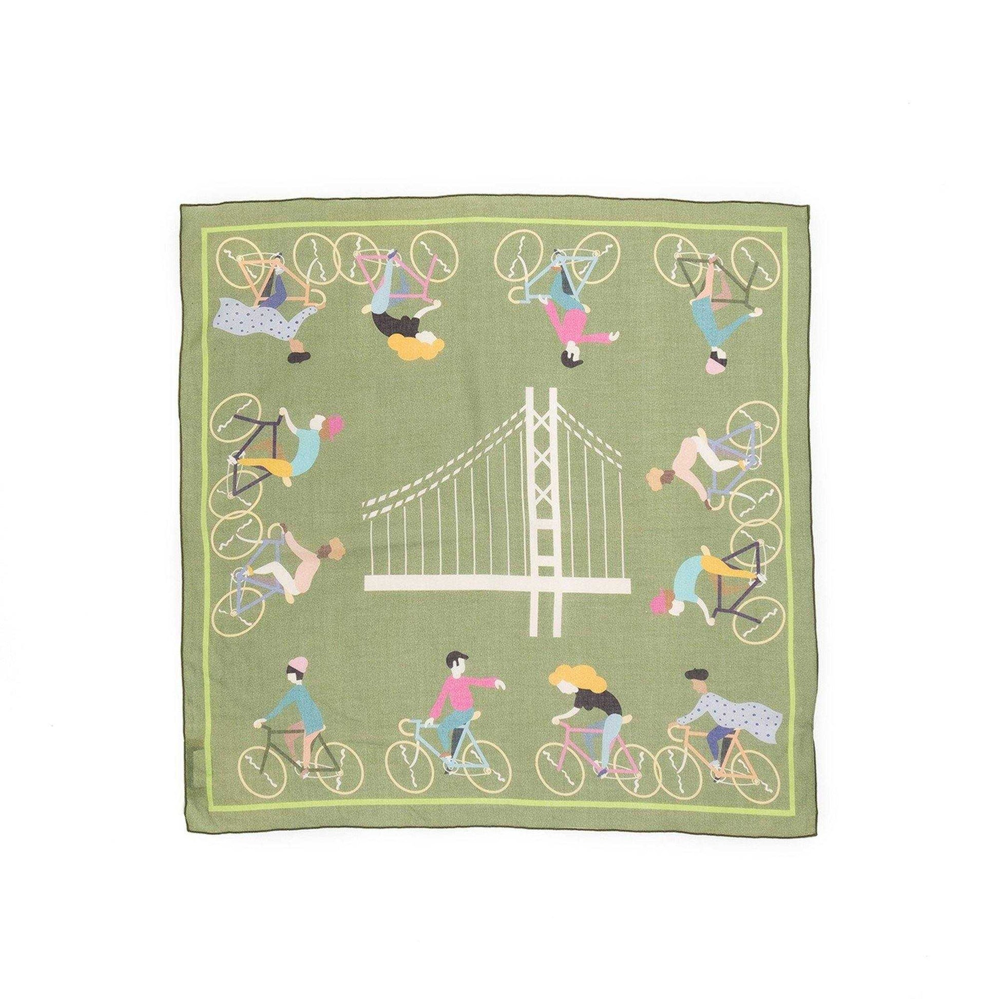 Japanese Printed Organic cotton 'San Francisco' Green リング付きミニスカーフ