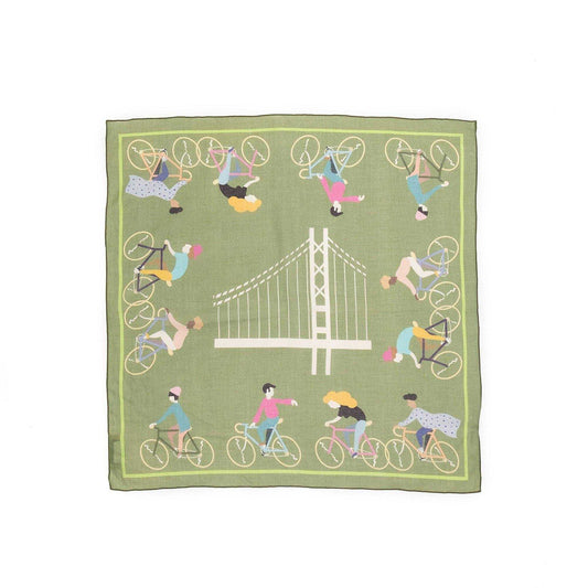 Japanese Printed Organic cotton 'San Francisco' Green リング付きミニスカーフ