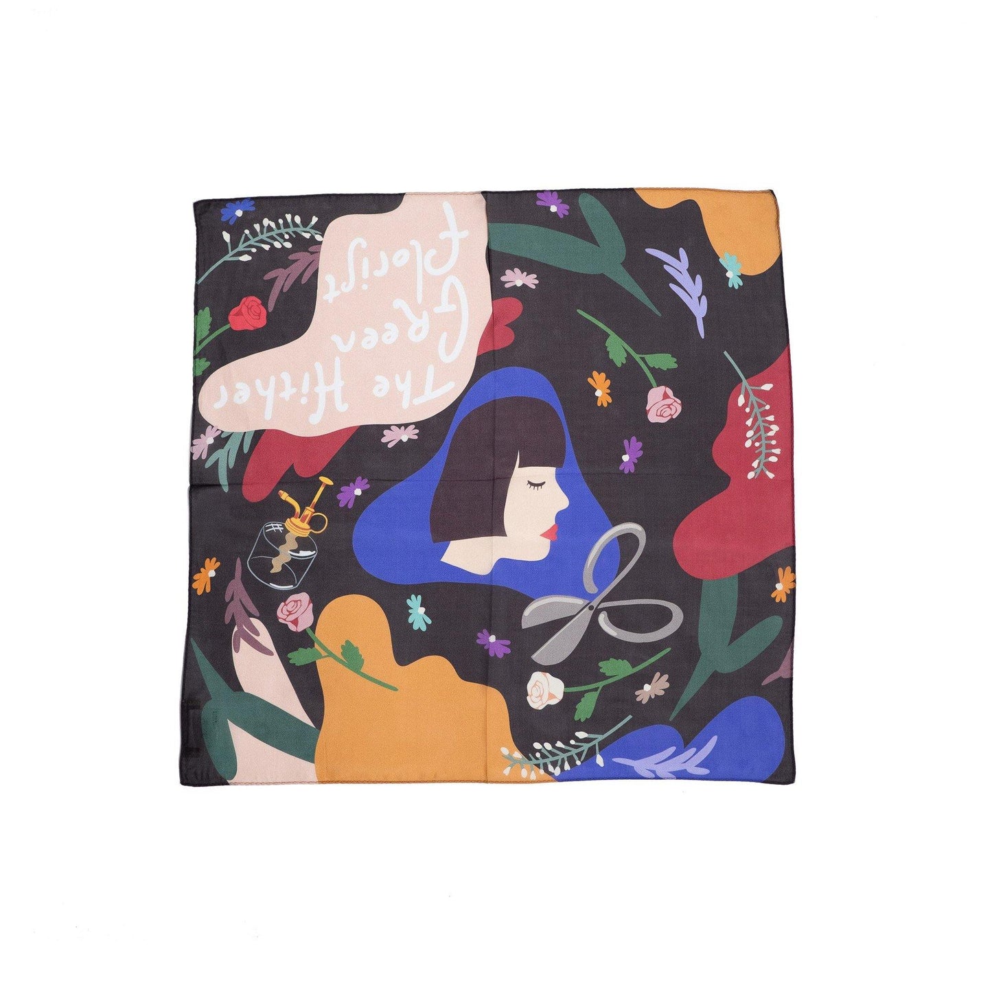 Japanese Printed Silk 'The Hither Green Florist' M.black 8リング付きミニスカーフ
