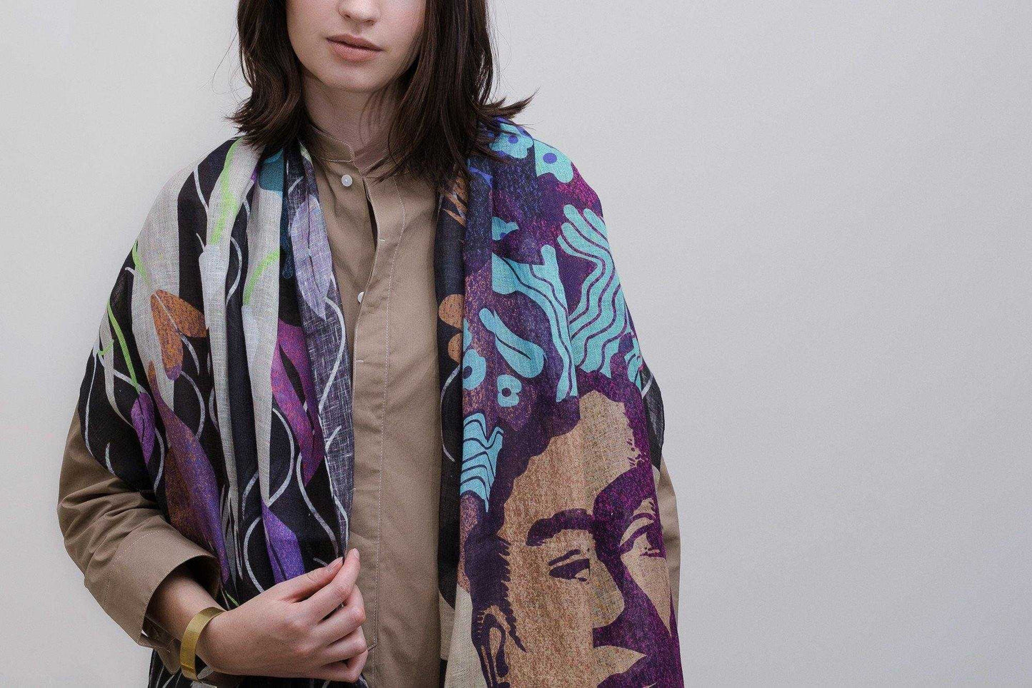 近江リネン Japanese Linen 'Paint Panthers & Portraits' Black ロングストール