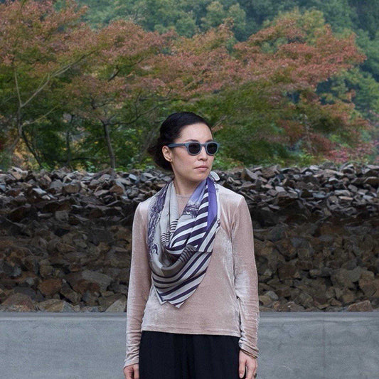 Japanese Printed Silk 'Message in a bottle' sky blue 大判スカーフ