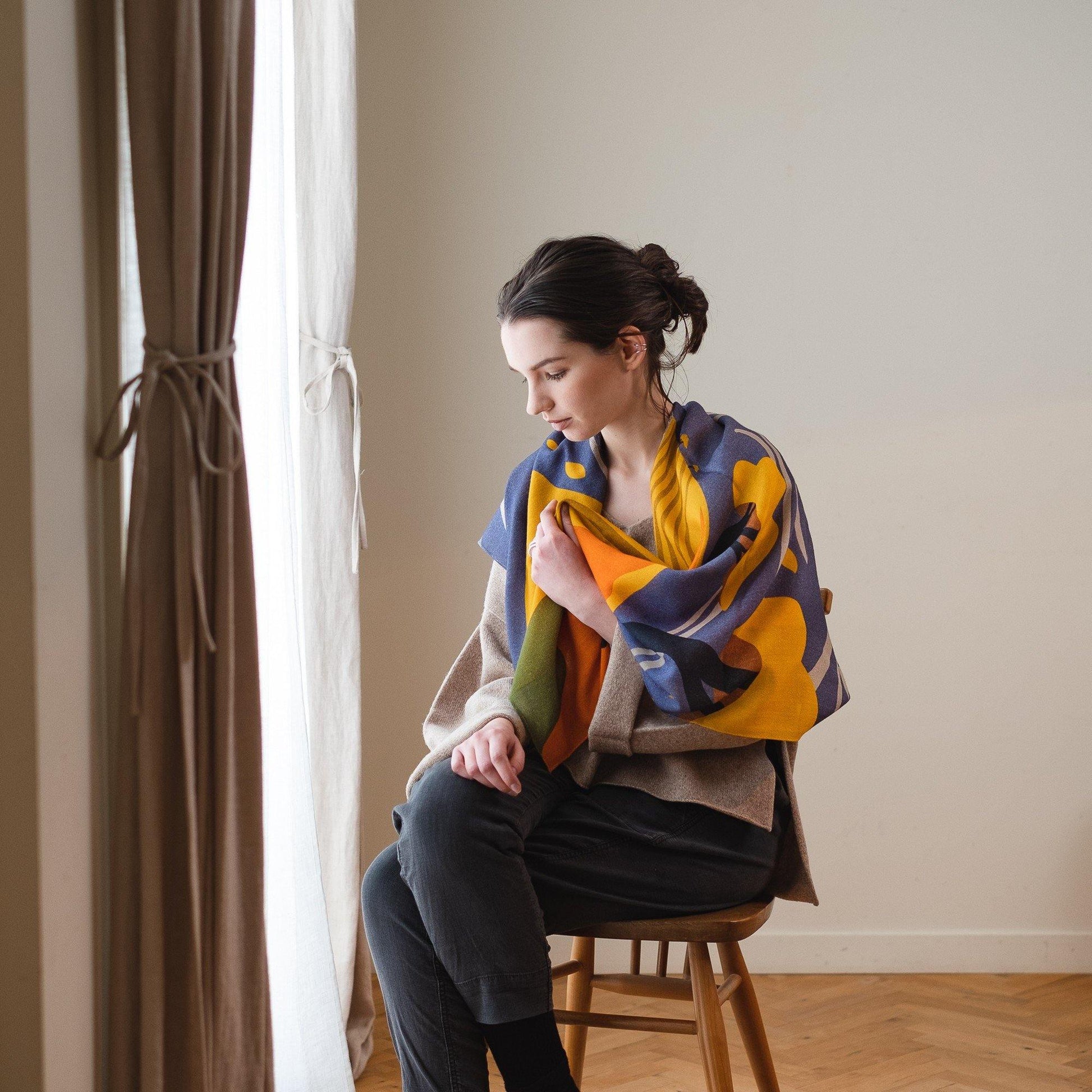 Japanese Merino Wool 'Autumn Winds' golden yellow 正方形スカーフ
