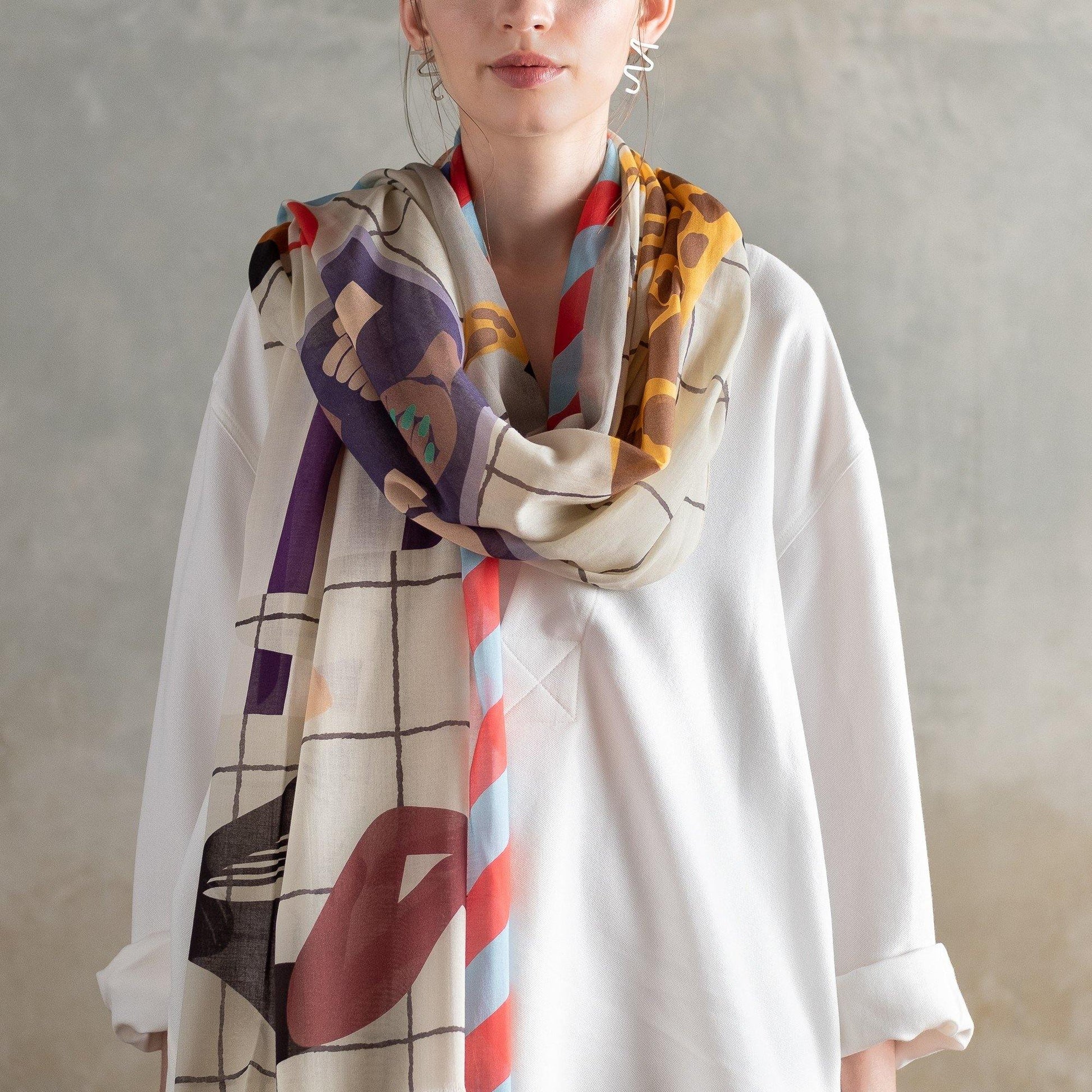 Japanese Printed Organic Cotton 'Oxford Circus' Cream ロングストール