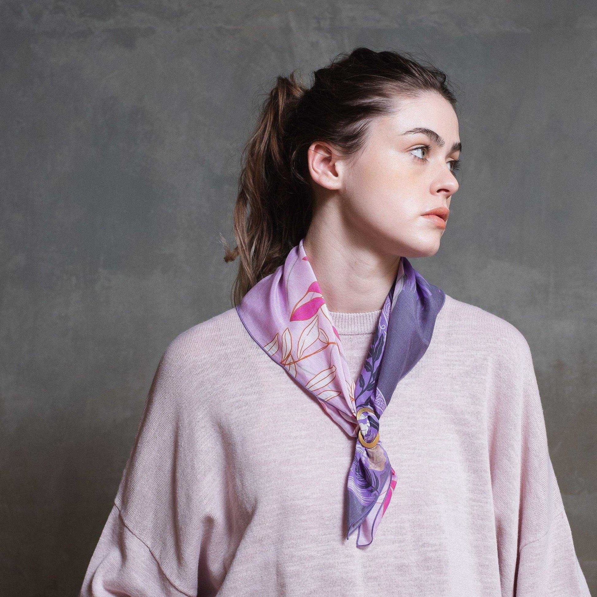 再入荷!Japanese Printed Silk Cotton 'Woodland Orchestra'Pink 8リング付きミニスカーフ