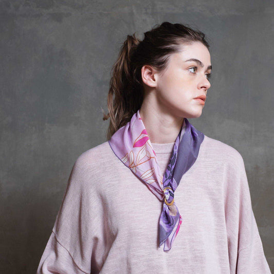 再入荷!Japanese Printed Silk Cotton 'Woodland Orchestra'Pink 8リング付きミニスカーフ