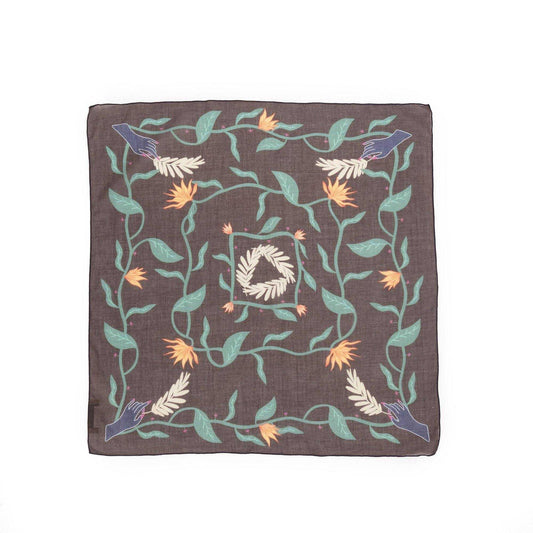 Japanese PrintedOrganicCotton'The Forbidden Forest'D.Brown リング付きミニスカーフ