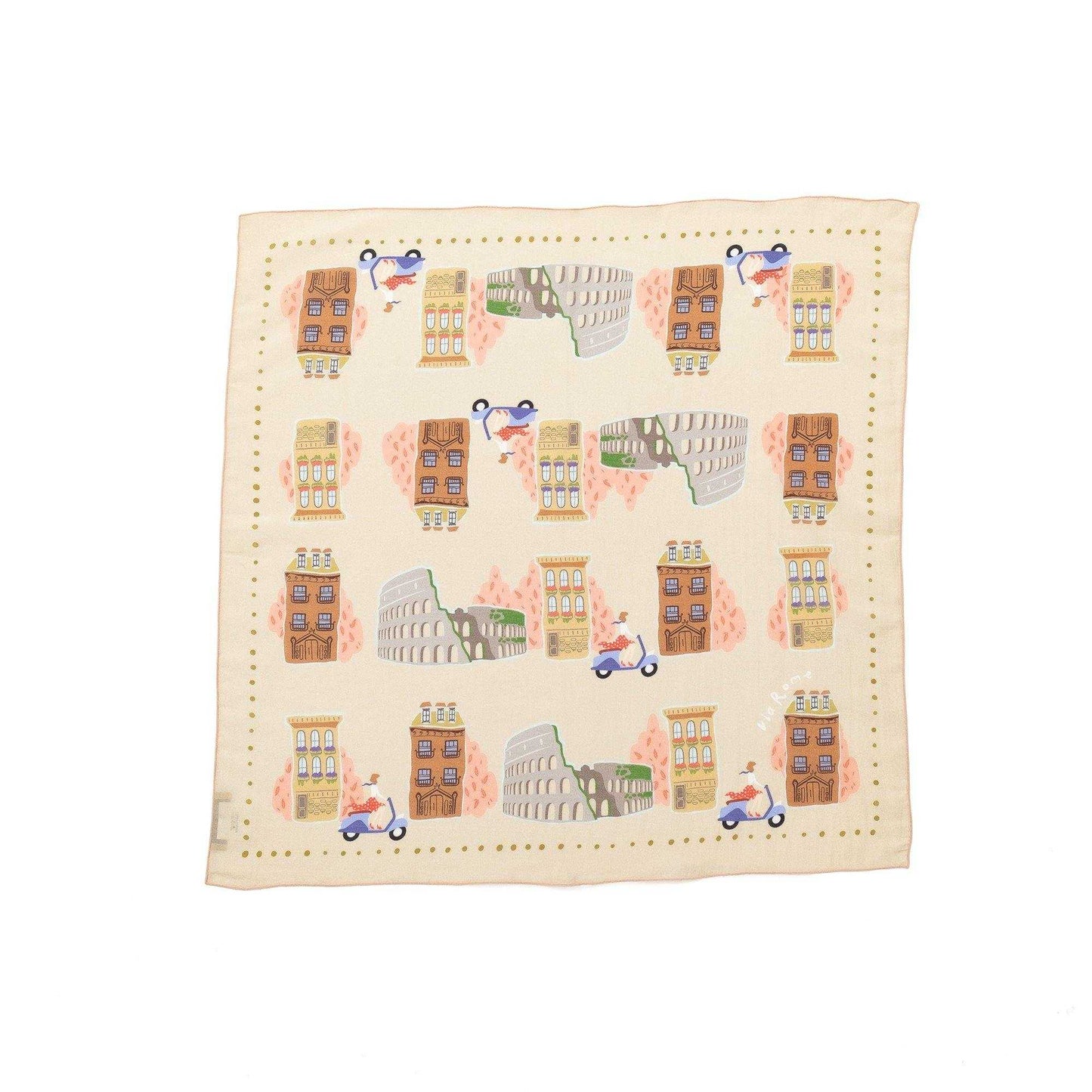 Japanese Printed Silk Cotton 'Via Rome' beige リング付きミニスカーフ