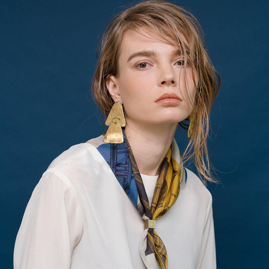 Japanese Printed Silk  'Orchestra' red&yellow&blue リング付きミニスカーフ