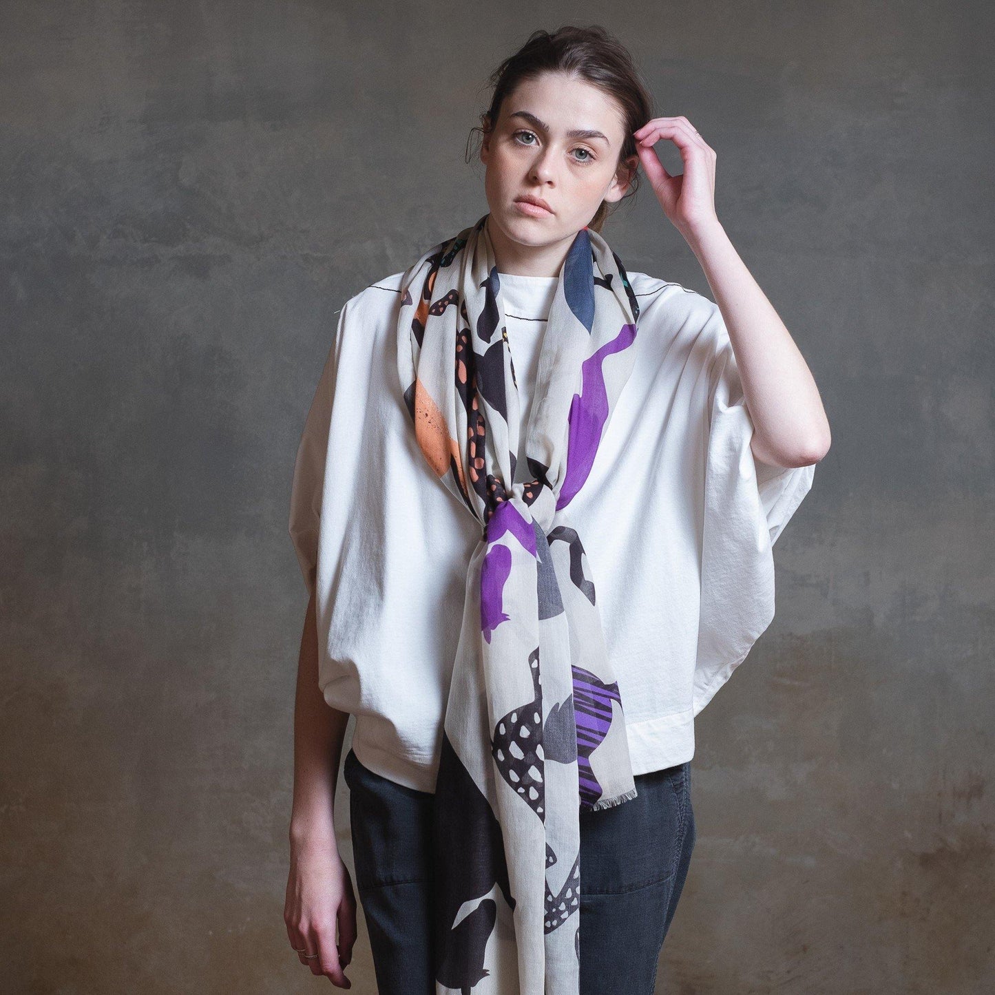 Japanese Printed Cotton Modal 'Newbury' sand grey ロングストール
