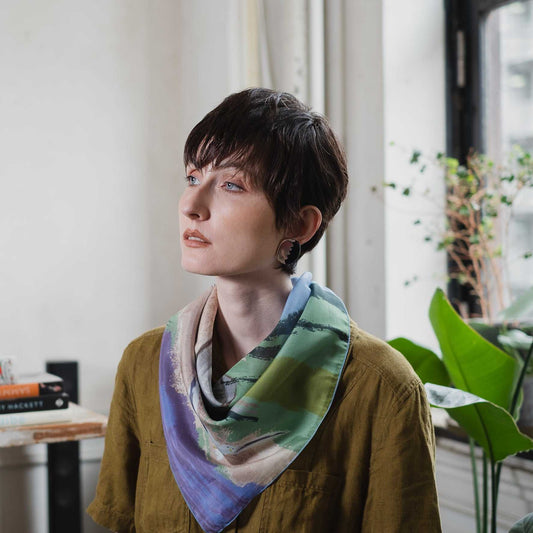 Japanese Printed Silk Cotton 'Coastal Birds' スカーフリング付きミニスカーフ