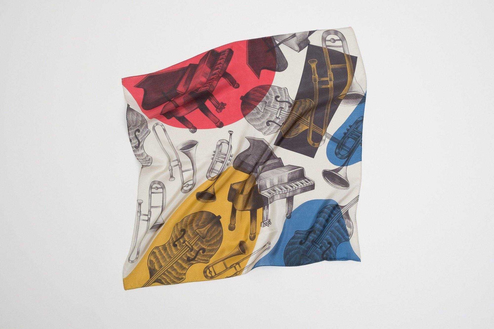 Japanese Printed Silk  'Orchestra' red&yellow&blue リング付きミニスカーフ