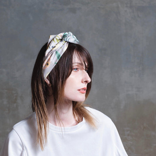 Japanese Printed Silk headband 'Pearsham' grey ヘッドスカーフ