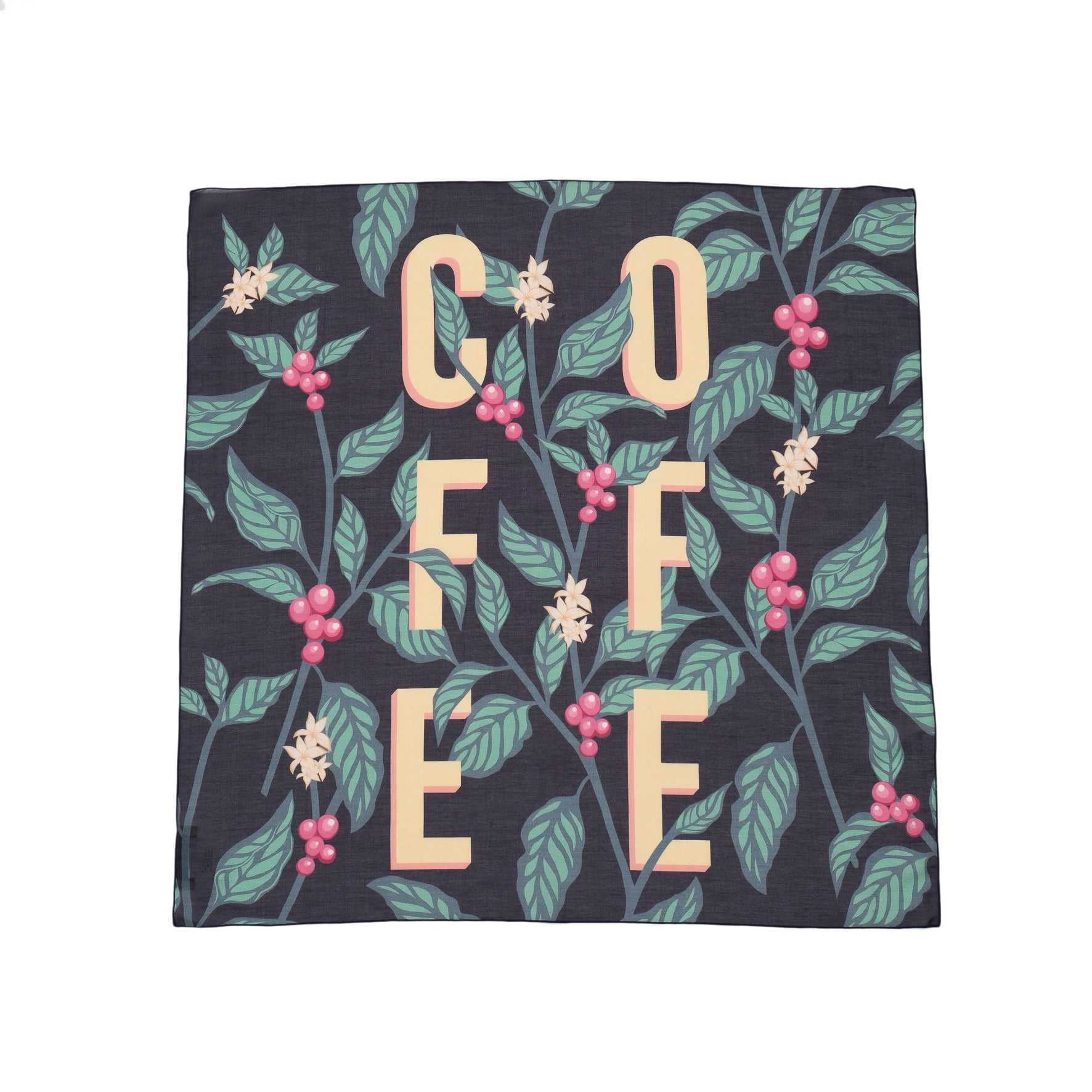 Japanese Printed Silk Cotton 'Coffee Matters' d.blue スカーフリング付きミニスカーフ