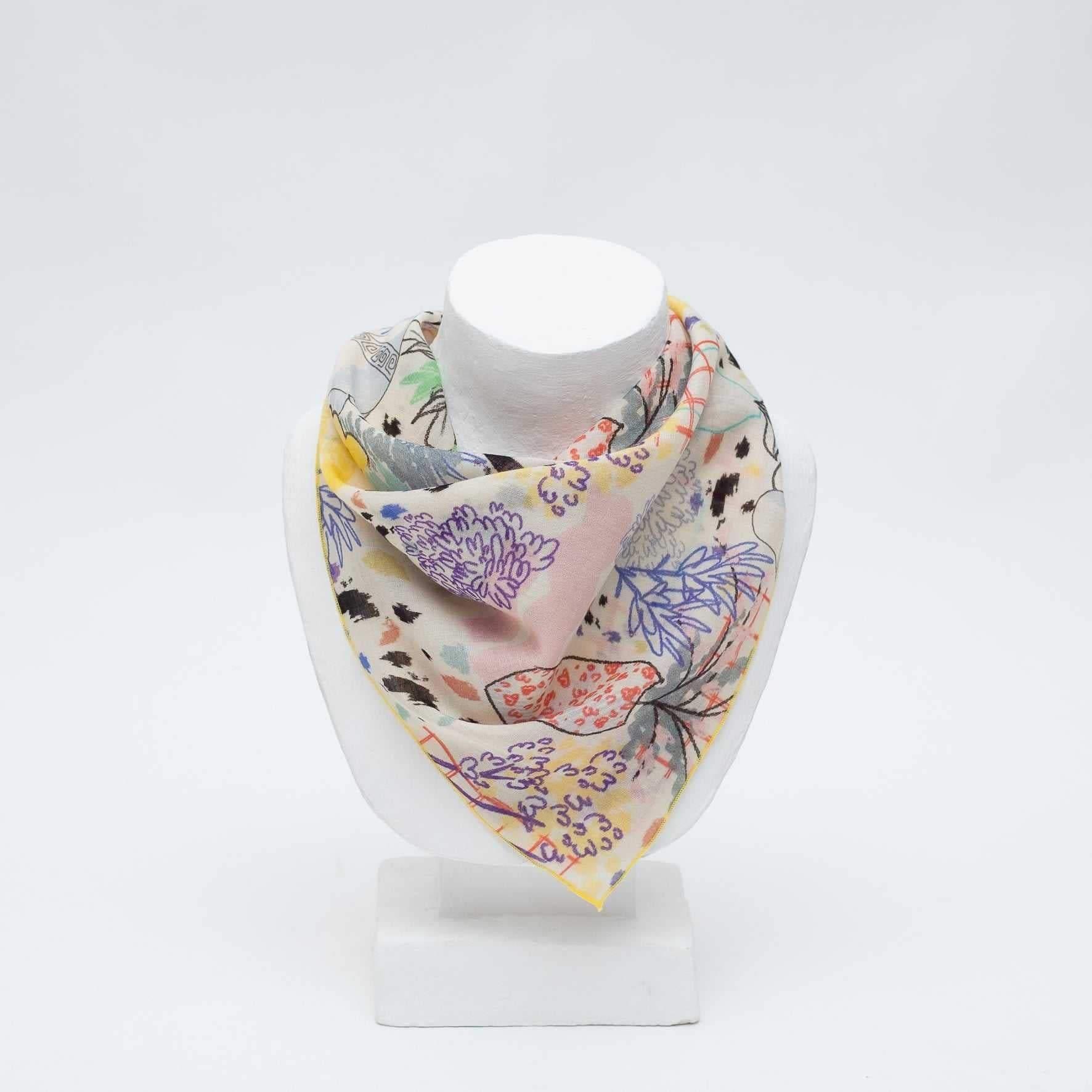 Japanese Printed Organic cotton 'Amelia`s Patio' white リング付きミニスカーフ