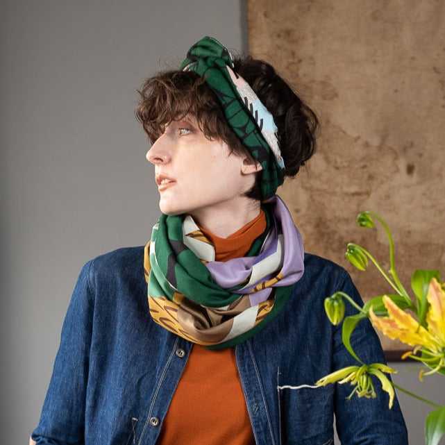 Japanese Printed Silk & Merino Wool 'Halsham' mustard x green ループスカーフ