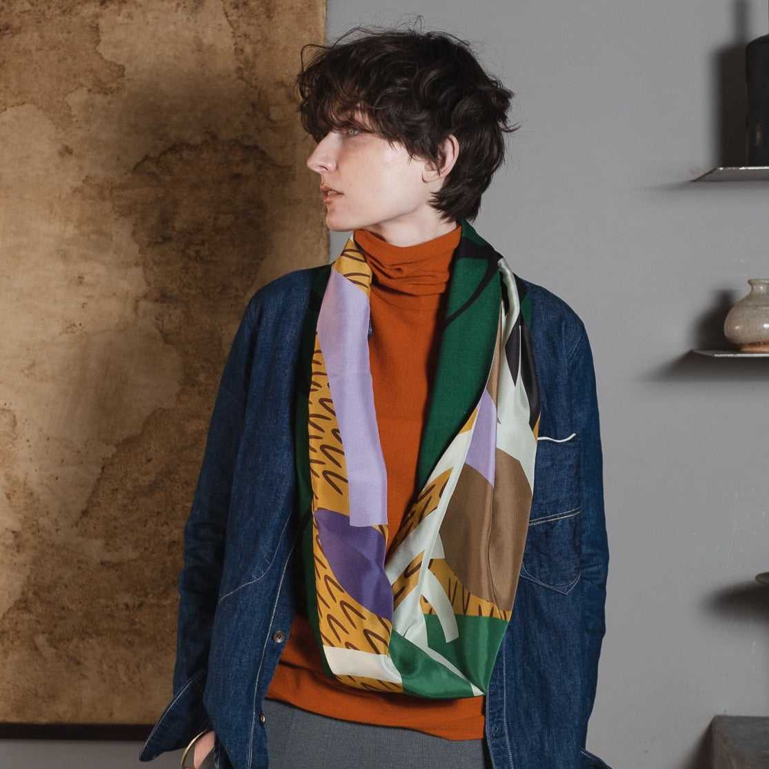 Japanese Printed Silk & Merino Wool 'Halsham' mustard x green ループスカーフ