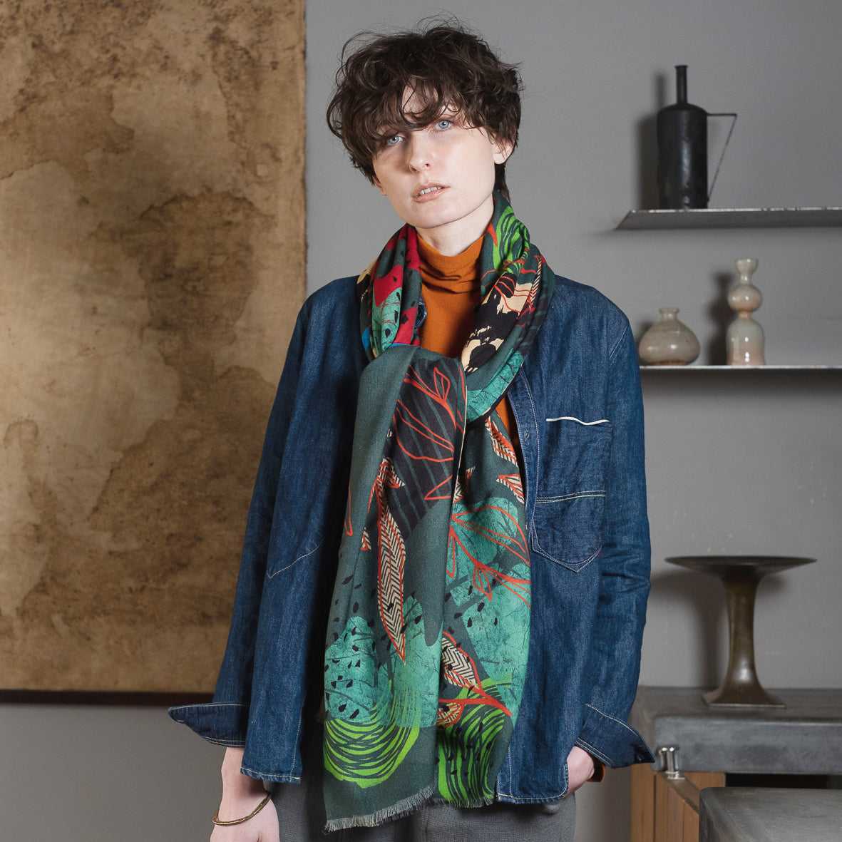 再入荷!Japanese Merino Wool 'November' green 二重仕立てのロングストール