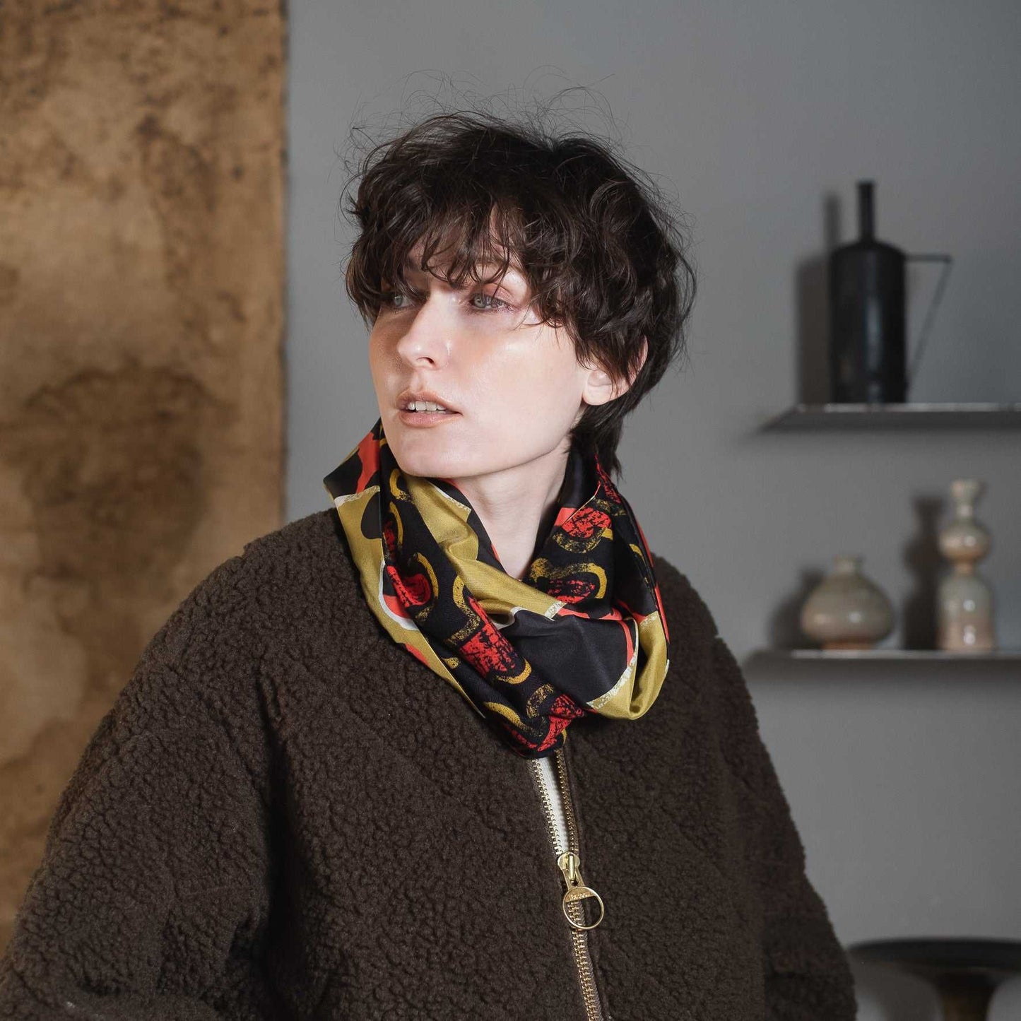 Japanese Printed Silk&Merino Wool 'Easy Sunday' mustard x red ループスカーフ