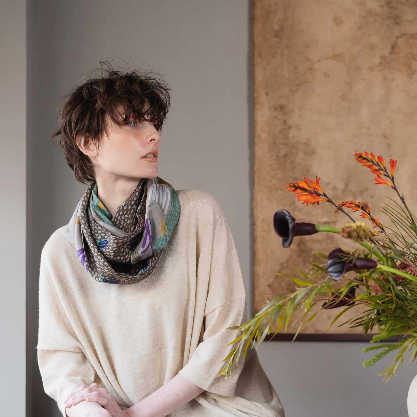 Japanese Printed Silk & Merino Wool 'Lavender Fields' greige ループスカーフ
